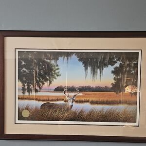 Framed Deer Landscape Art Print - Brown and Green